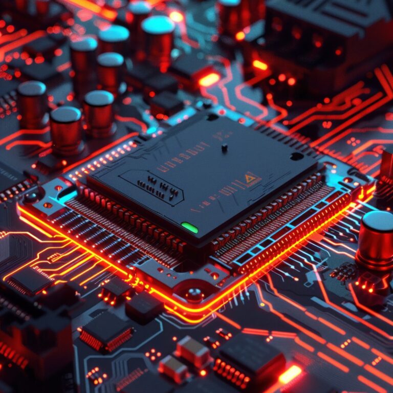 Element płyty głównej komputera z jednostką centralną CPU oświetloną czerwonymi i pomarańczowymi światłami, podkreślającymi obwody i komponenty elektroniczne.