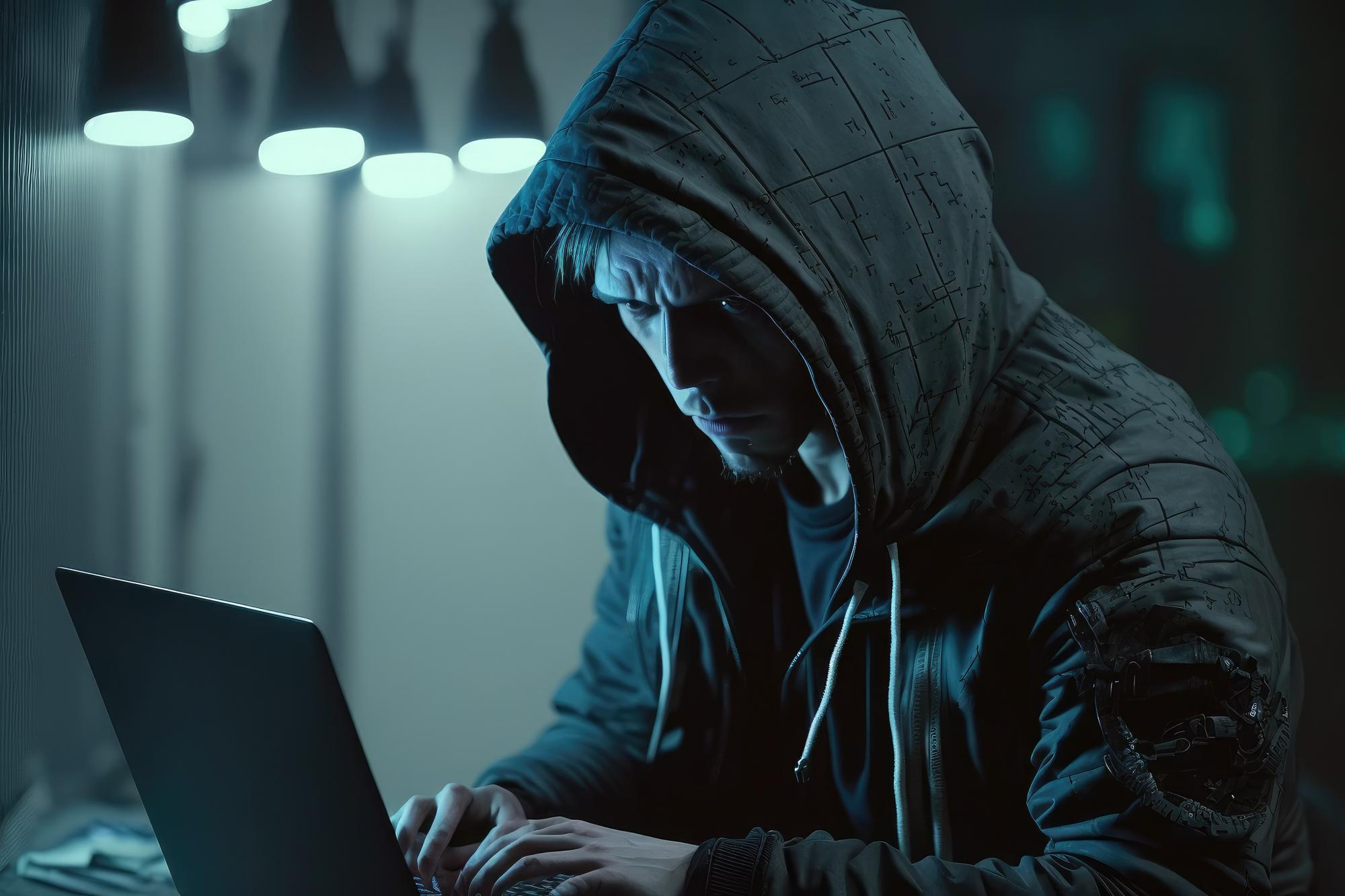 Haker z grozą patrzy na komputer.